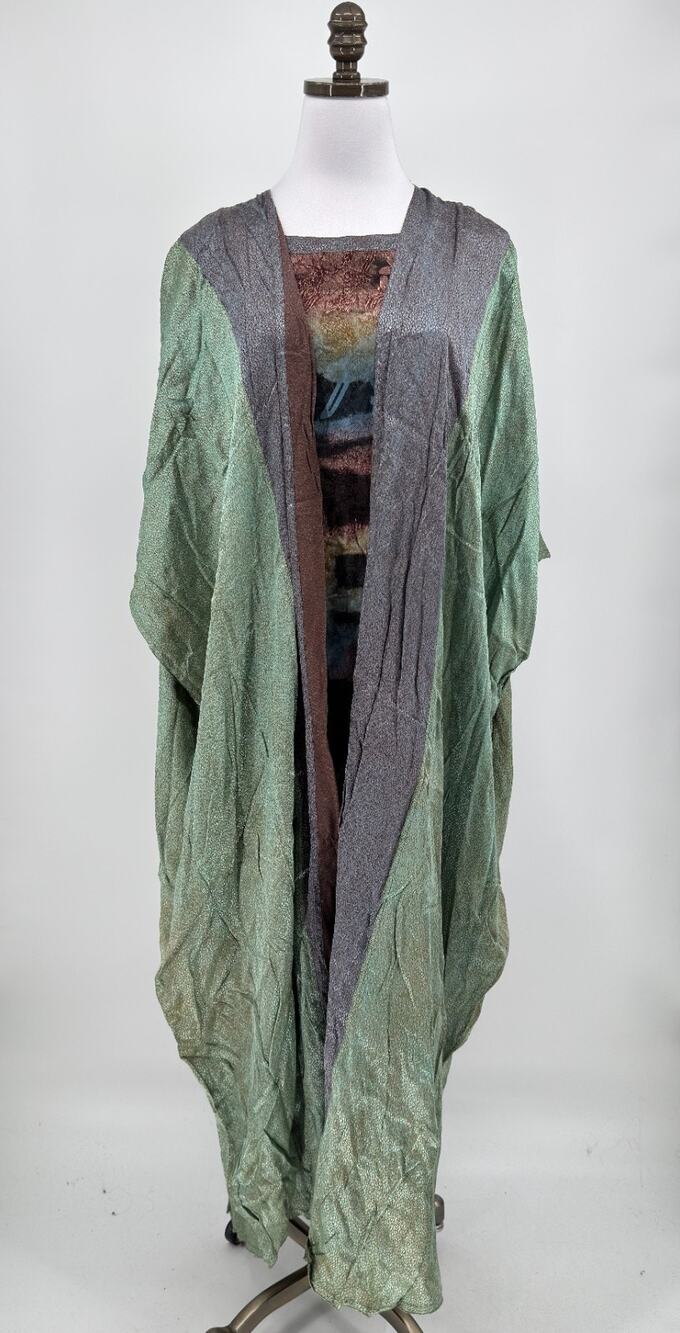 Kusnadi Art to Wear Bohemian Green Brown Textured Long Duster Dress NEW